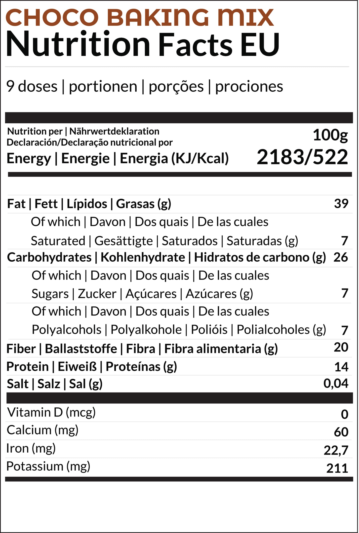 EU nutritional information Choco baking mix