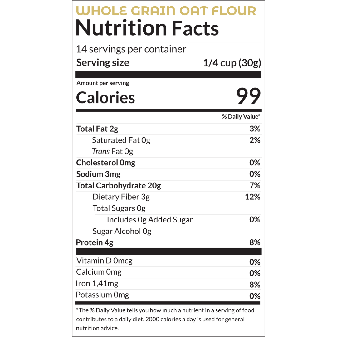 Nutritional information according FDA of whole grain oat flour