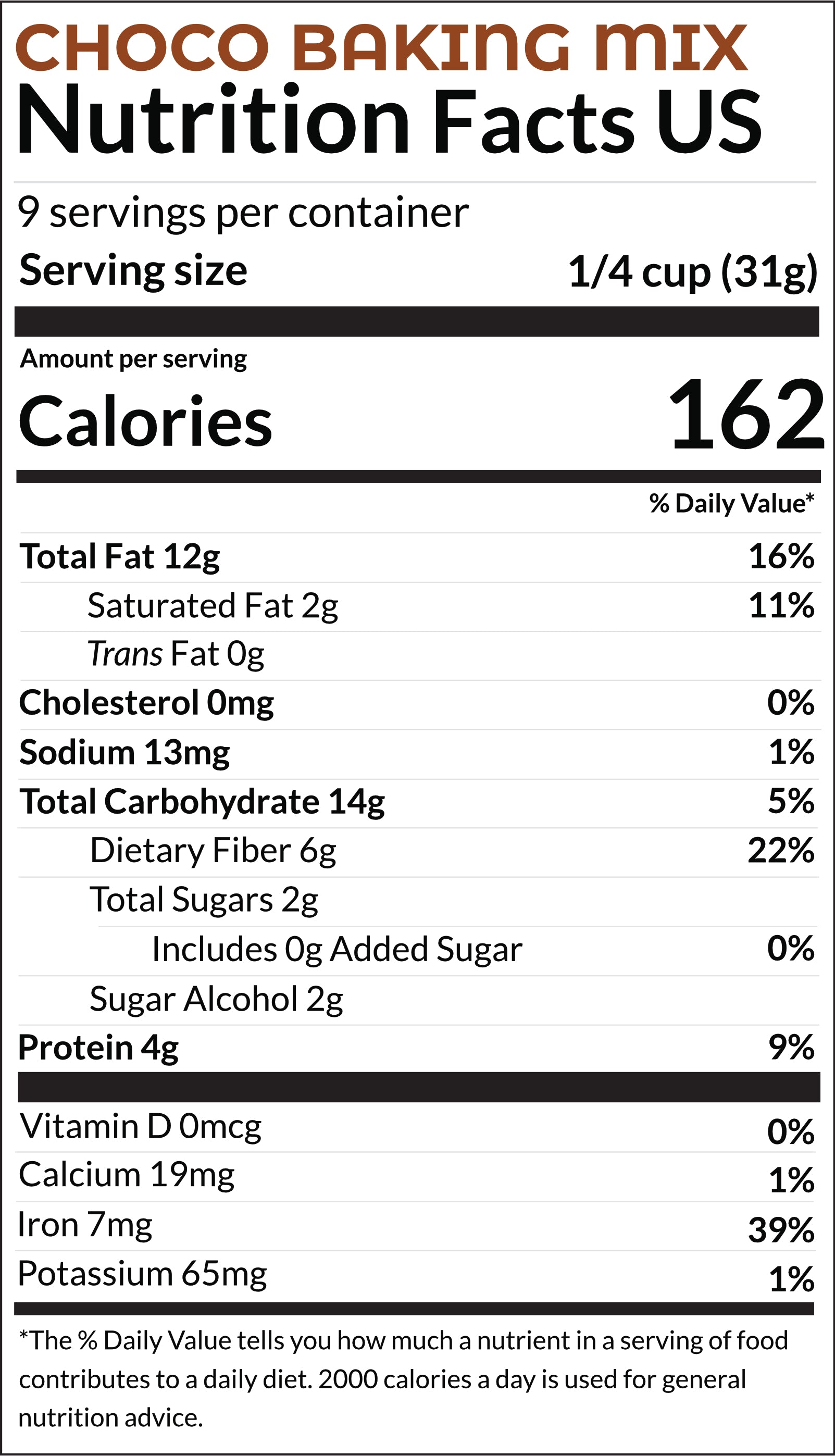US nutritional information choco baking mix