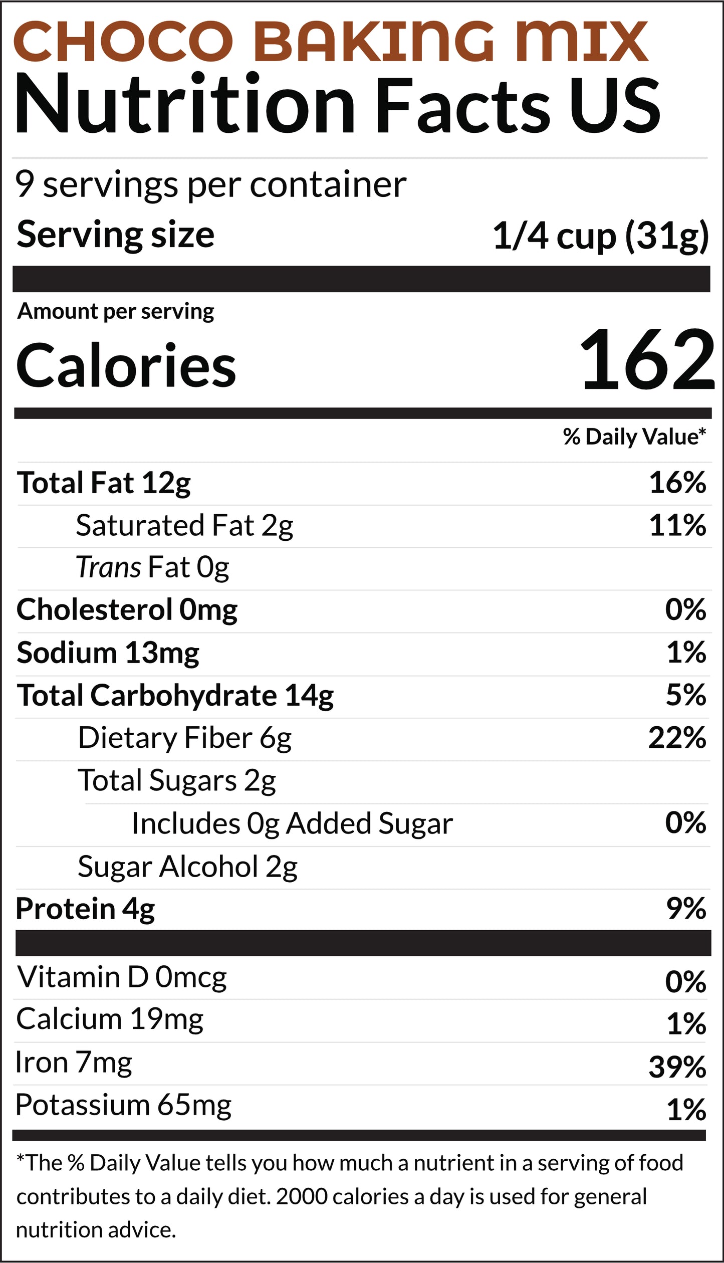US nutritional information choco baking mix