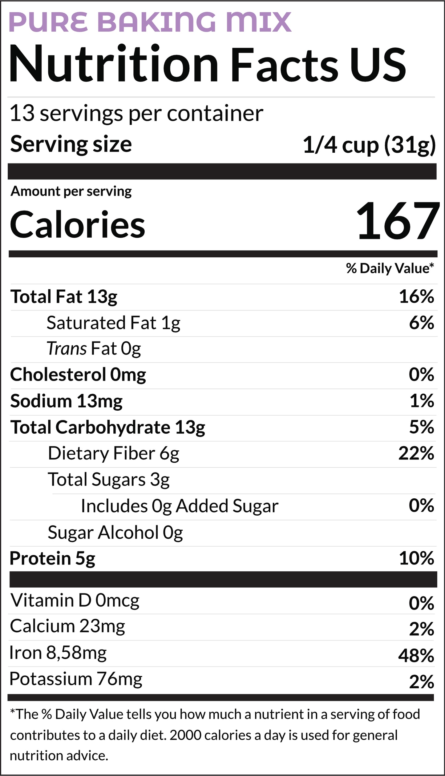 US nutritional information pure baking mix