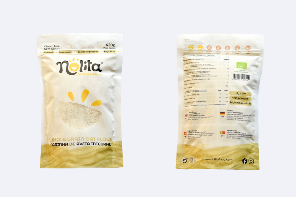 whole grain oat flour packaging front and back